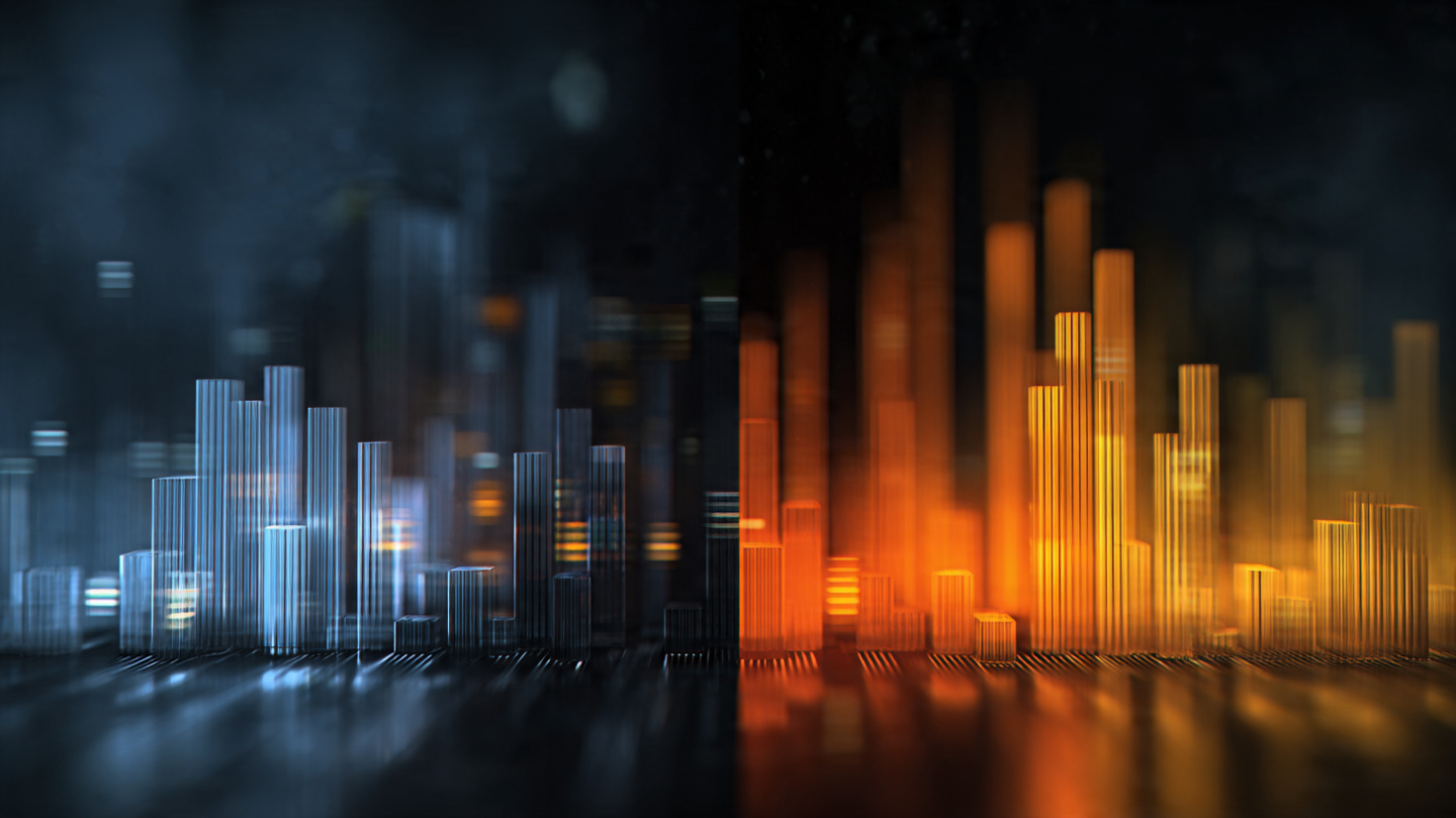 Abstract data visualization showing two diverging measurement scales with blue and amber accents against a dark analytical background