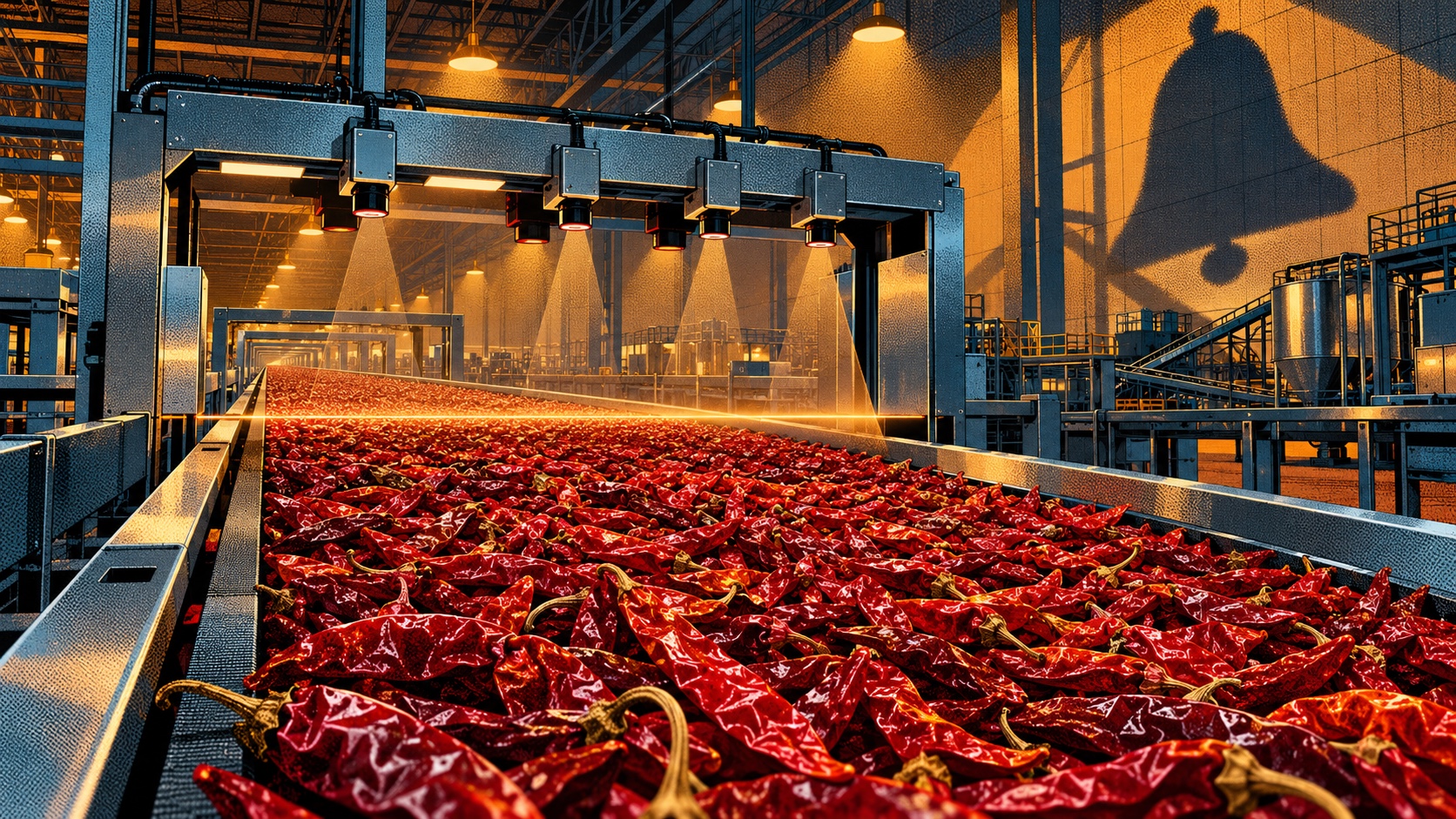 Editorial illustration of dried red chili peppers on a factory conveyor passing under an industrial inspection camera casting a thin scanning light, a notification-bell shadow looming on the wall.