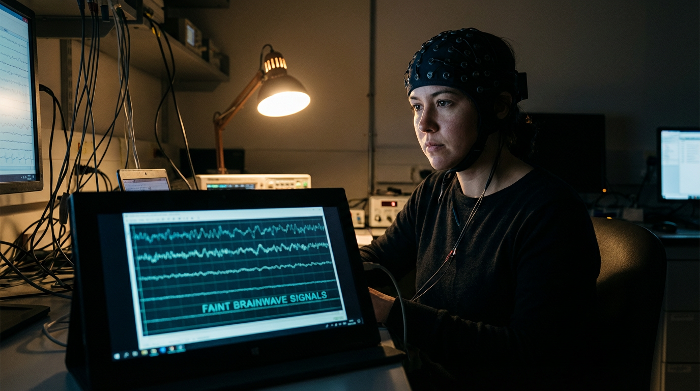 EEG headband electrodes on scalp with faint brainwave signal