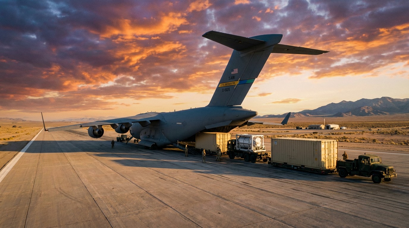 A C-17 Globemaster III being loaded with modular nuclear reactor containers on a military airstrip at dusk