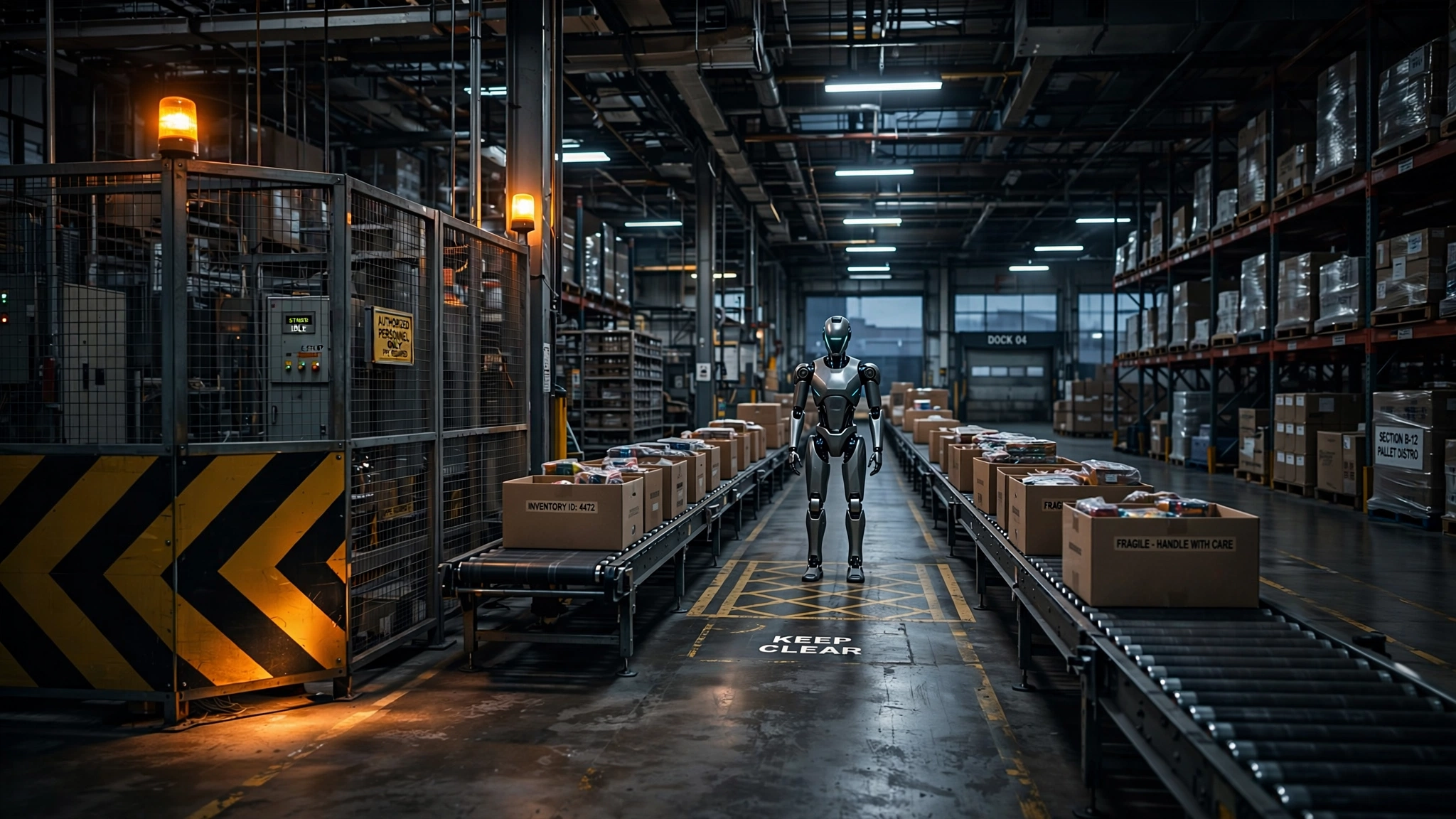Humanoid robot standing motionless under amber safety beacons on a factory floor, geometric safety barriers glowing faintly in the background