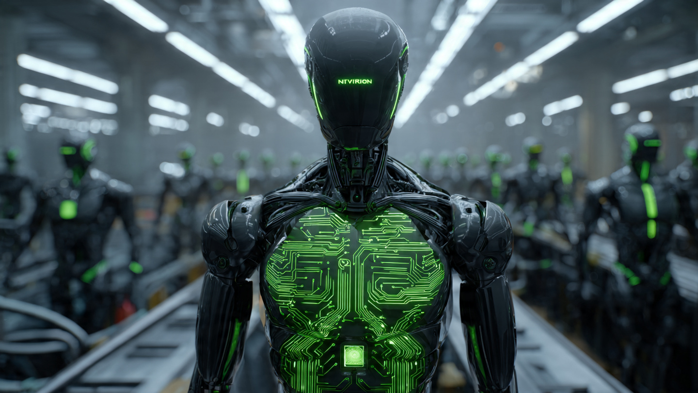 Humanoid robot on factory assembly line with illuminated compute module visible inside its chest, rows of identical robots stretching into the background