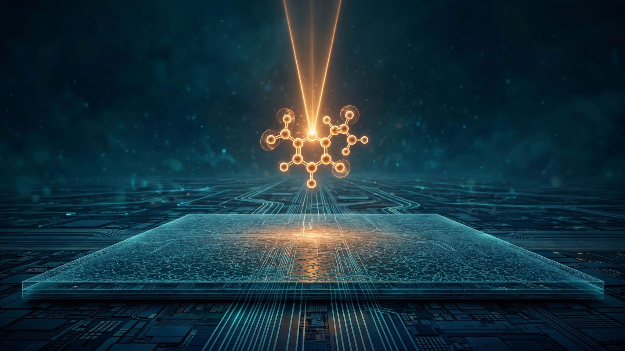 A single glowing organic molecule addressed by a beam of light on a photonic chip, with thin-film molecular layers visible on the chip surface