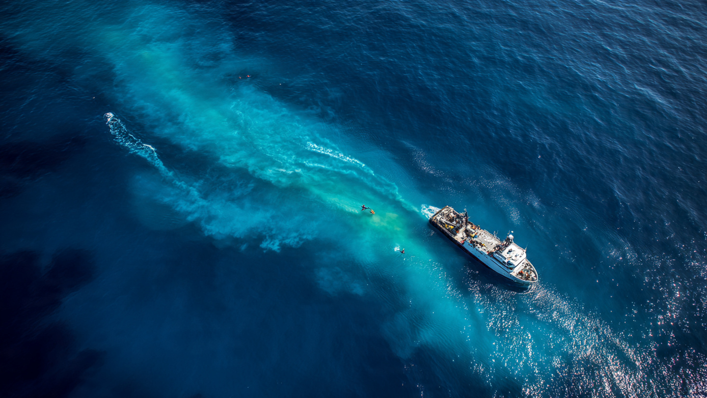 Aerial view of ocean surface with a research vessel deploying monitoring equipment, alkaline plume visible as a lighter blue streak against deep water