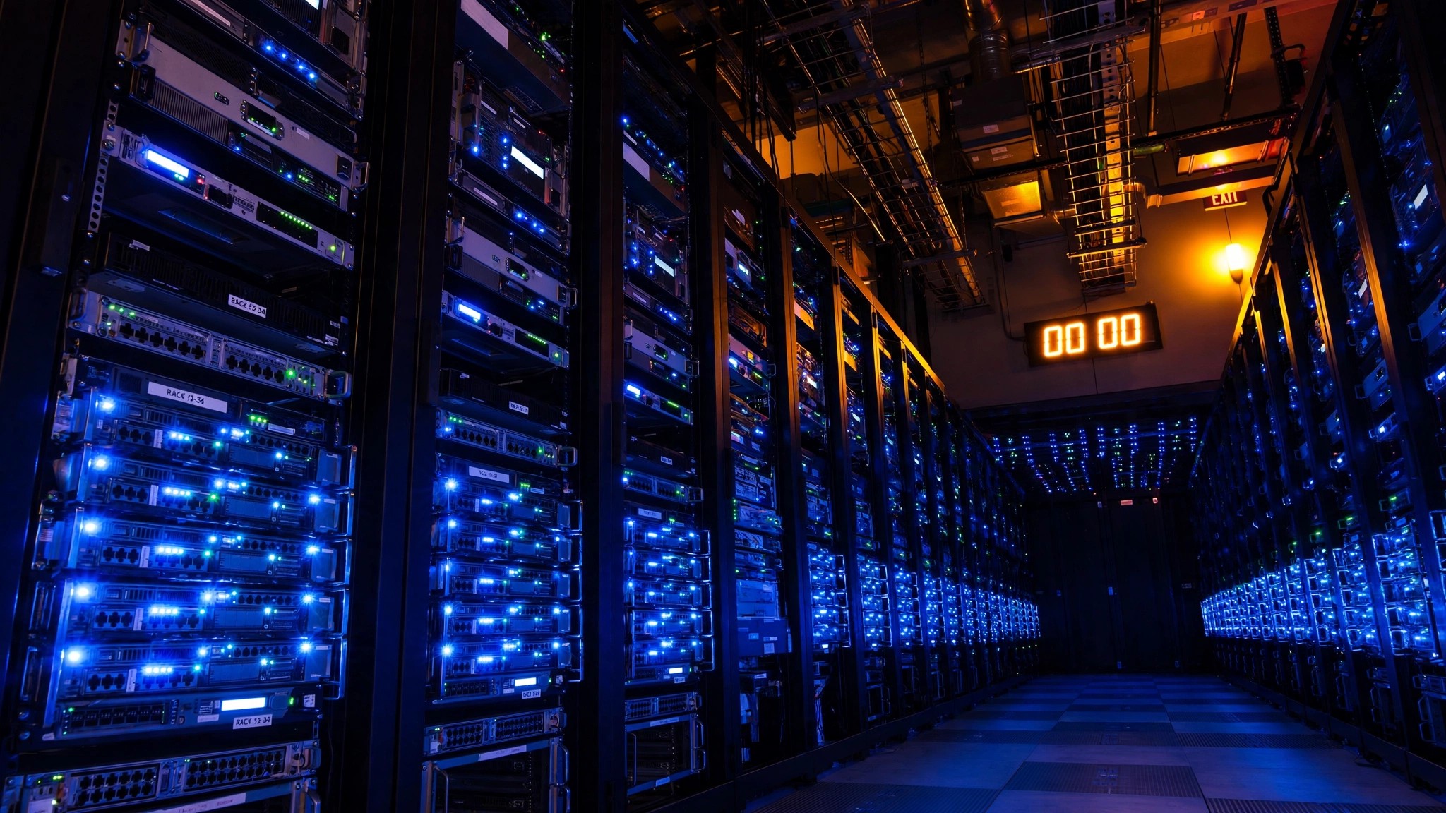 A vast server room at night with hundreds of rack-mounted servers all powering on simultaneously, synchronized blue LED lights cascading through the room, a wall clock showing midnight
