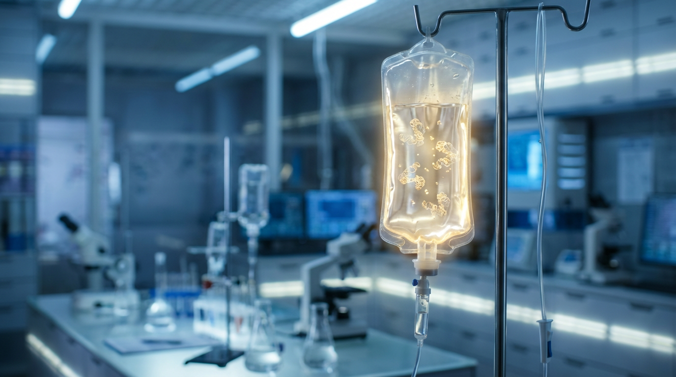 IV drip bag glowing with golden light in a clinical laboratory, molecular structures visible inside the fluid