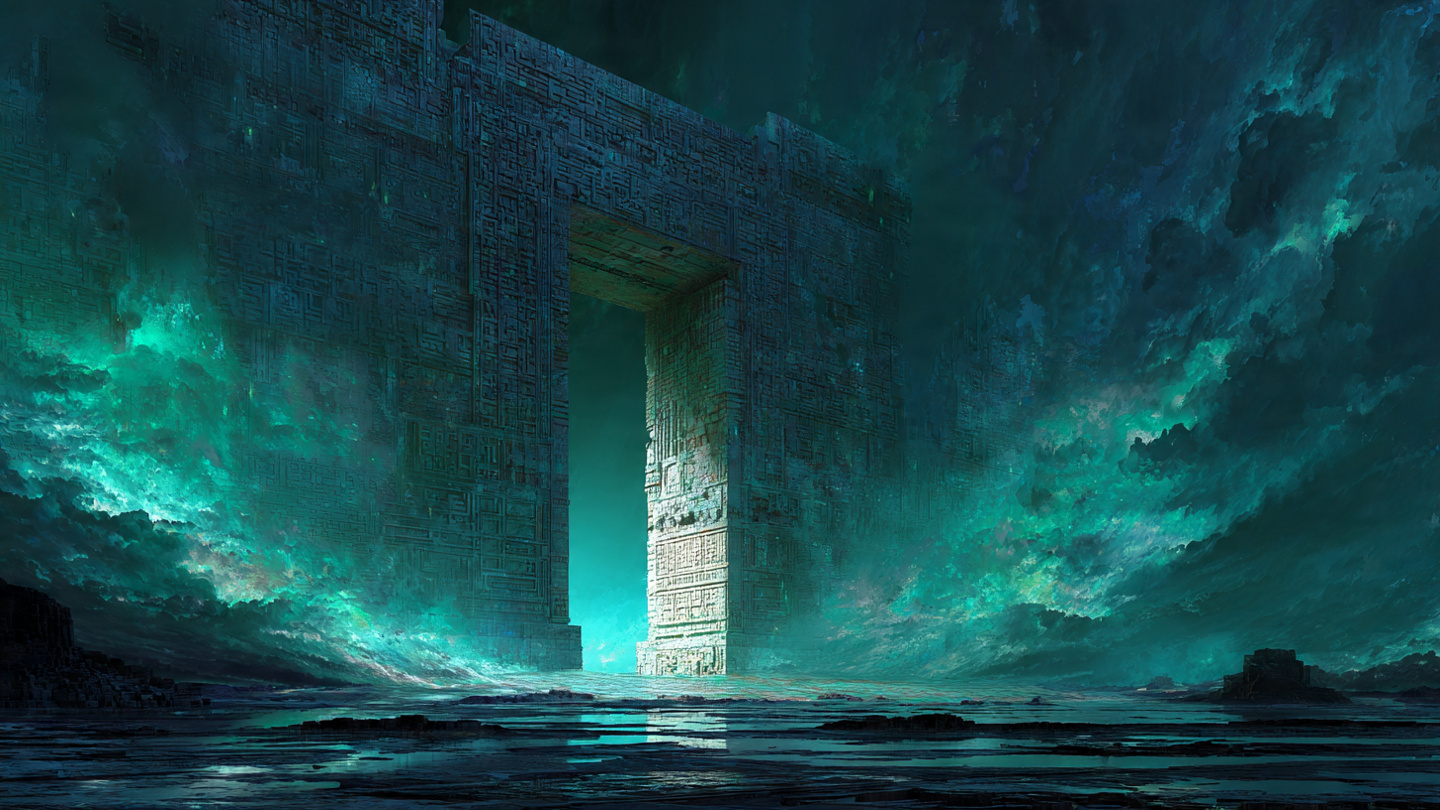 A massive stone gate blocking a river of clean, glowing code while the code flows around both sides through cracks in the rock