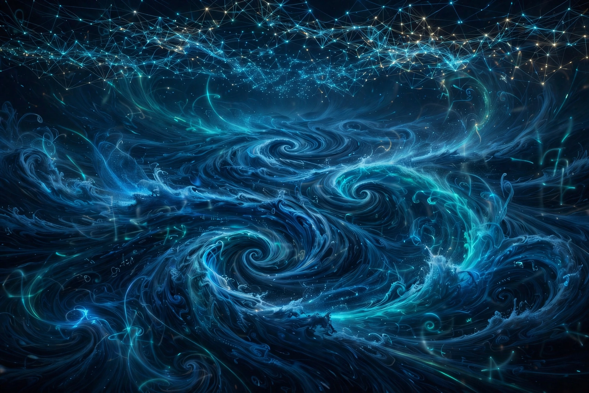 Swirling turbulent fluid vortices in deep blue with glowing mathematical equations dissolving into the flow, and a constellation of luminous points suggesting thousands of AI agents computing the Navier-Stokes solution