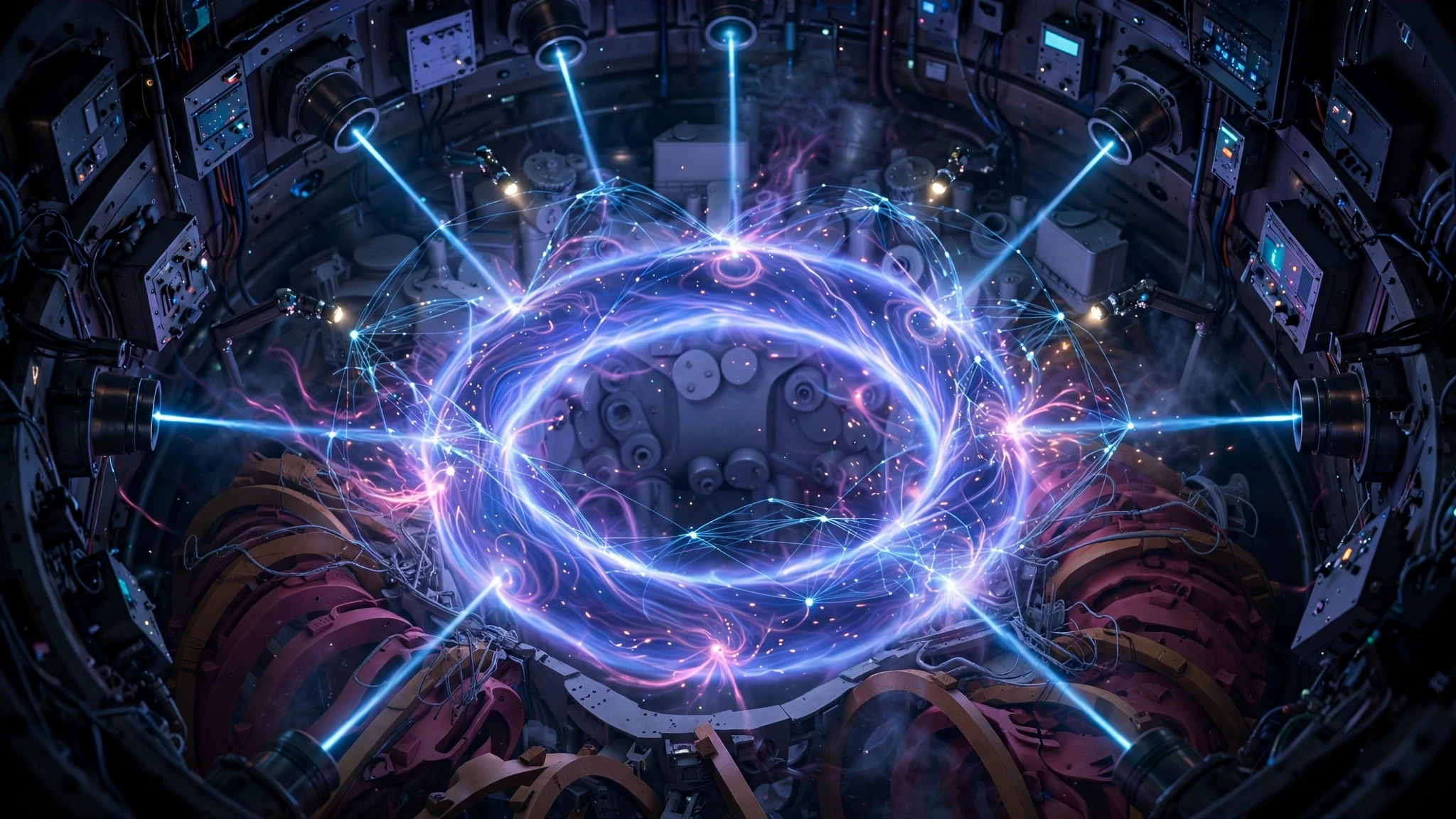 A glowing tokamak plasma ring encircled by timing ticks, with six beams converging on its core