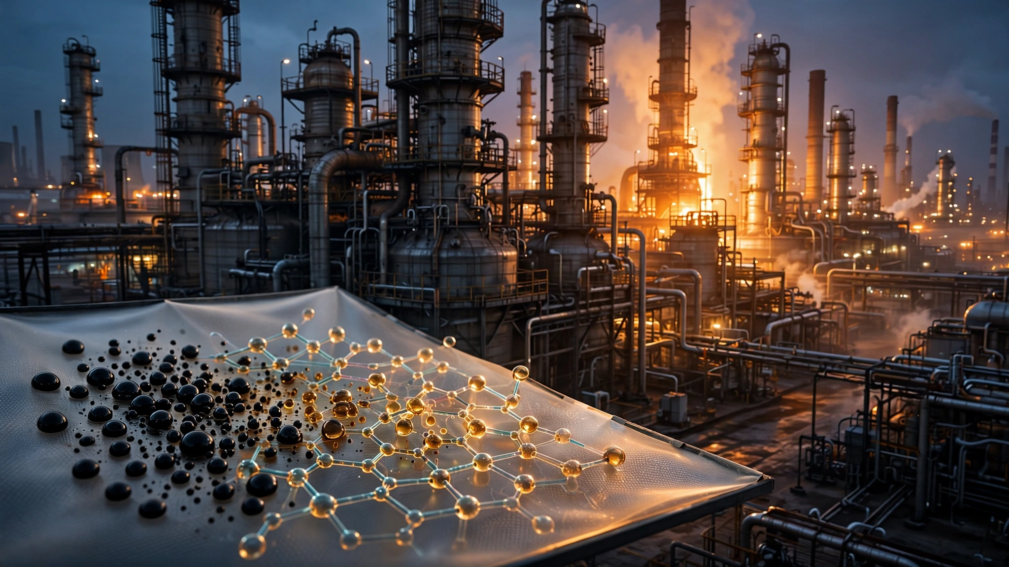 An industrial membrane filtration unit with translucent amber liquid flowing through polymer sheets, a crude oil refinery visible in the background at dusk