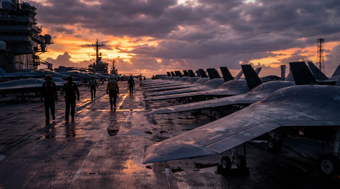 Autonomous military drones on a carrier deck at dusk