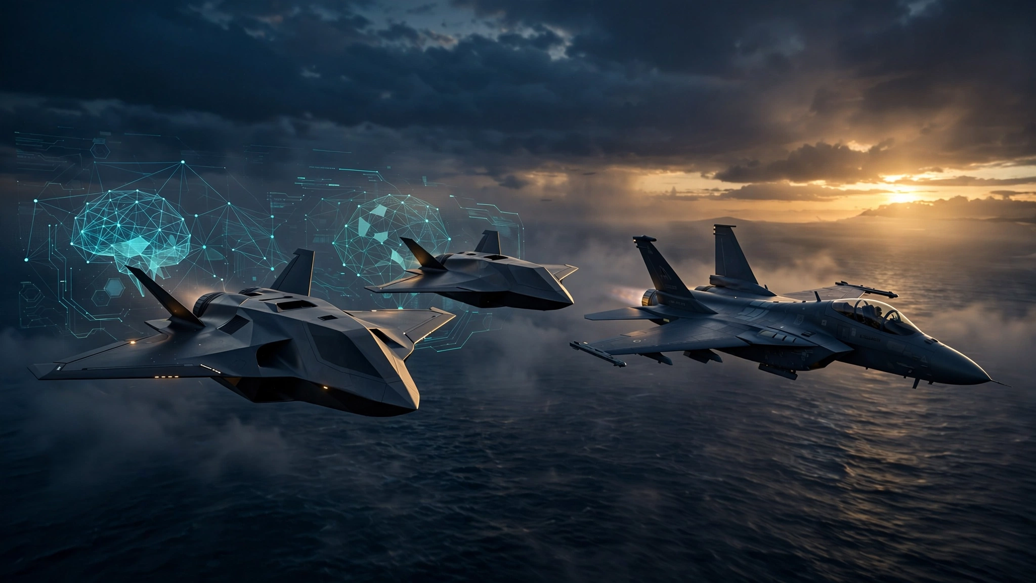 Two autonomous fighter drones flying in formation beside a crewed jet against a dark sky, with abstract software code overlaid on the drone fuselages