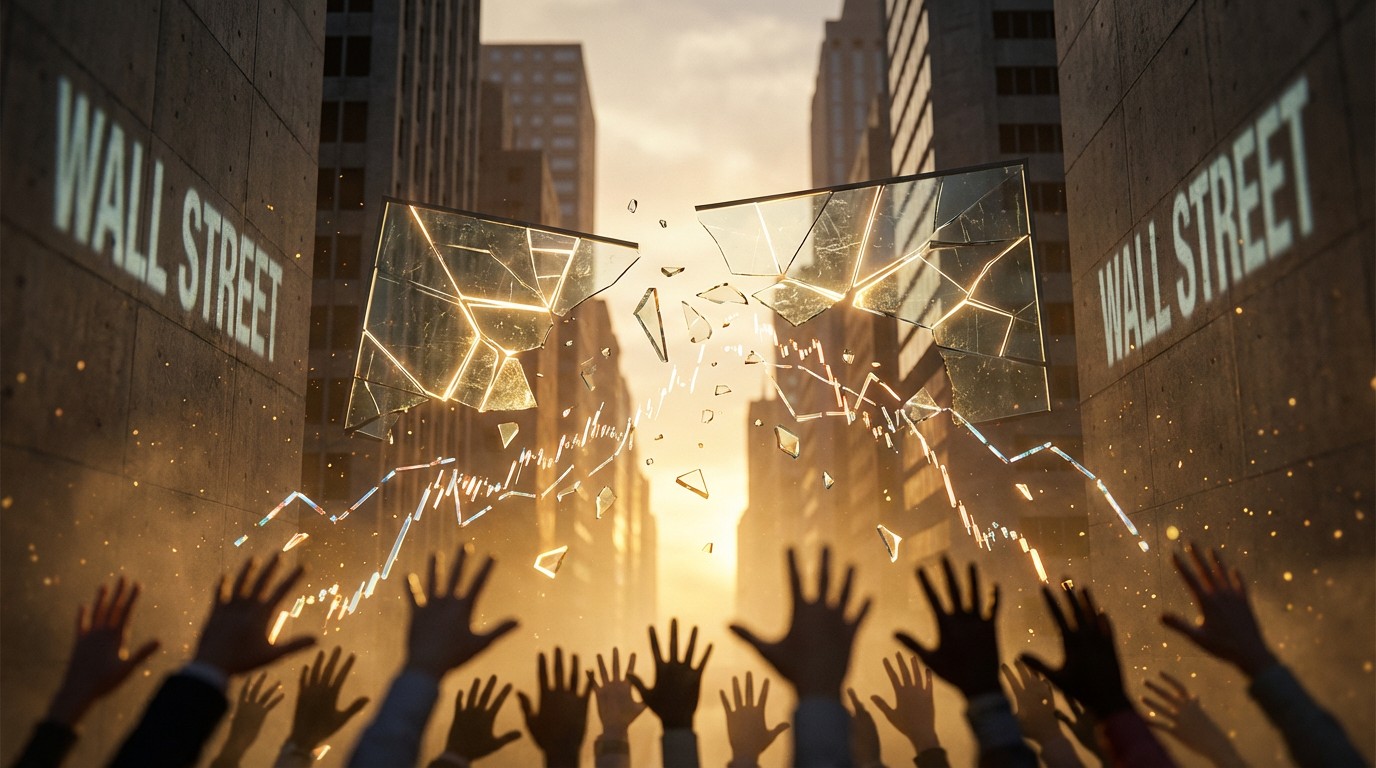 Glass barriers shattering between Wall Street and everyday investors, financial charts dissolving into fragments