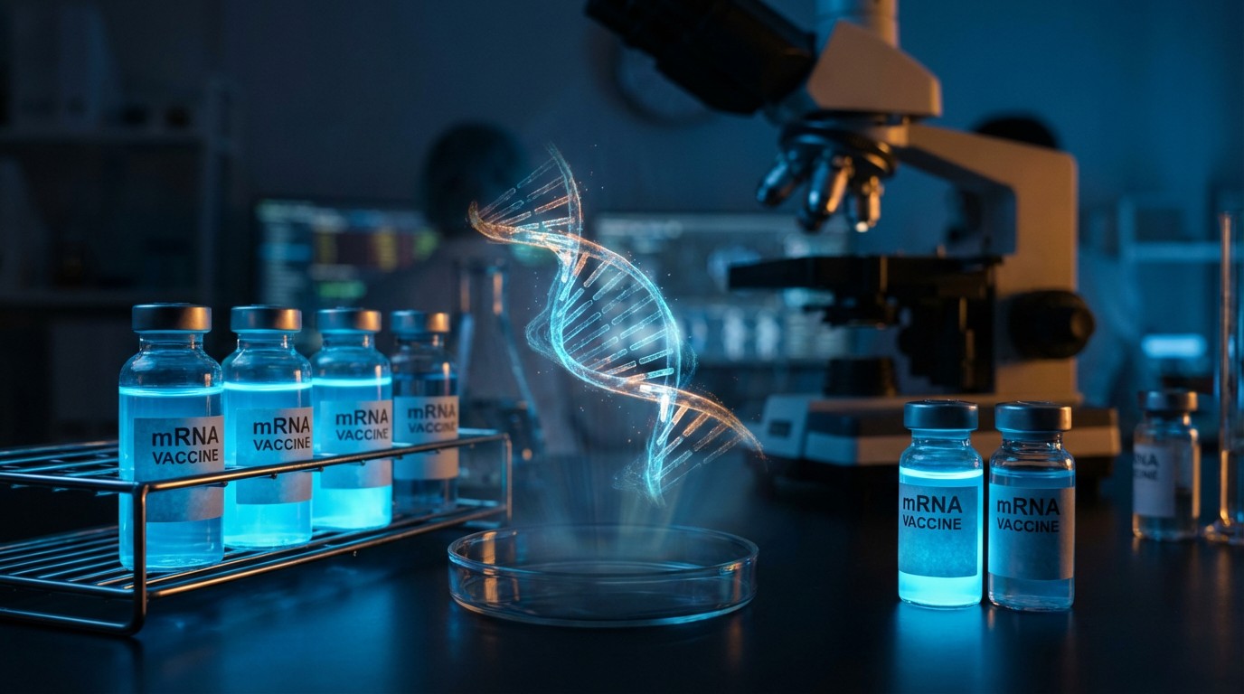 mRNA vaccine vials glowing under laboratory lighting with DNA structures