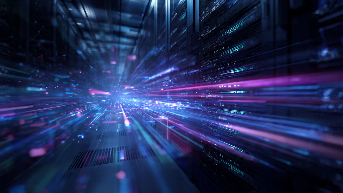Abstract visualization of light beams replacing copper wires inside a data center, photonic interconnects glowing between server racks