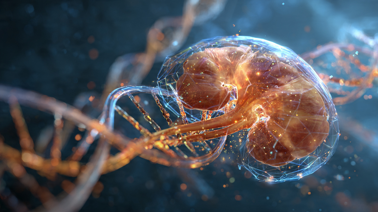Stylized biological illustration of a translucent pig kidney surrounded by glowing CRISPR molecular editing tools