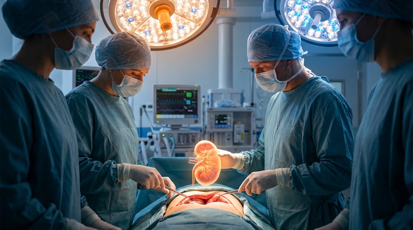 Surgical team in a modern operating room performing a kidney transplant under blue and amber LED lighting