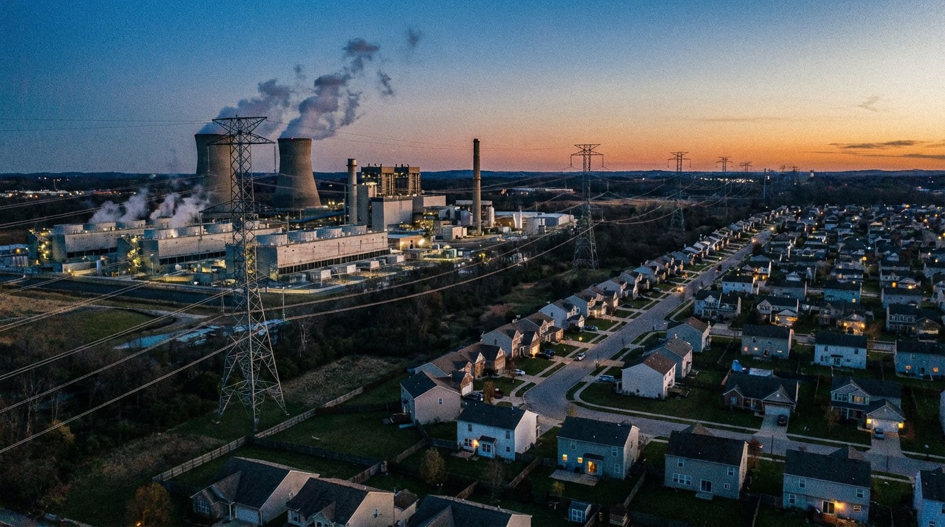 Aerial view showing a sprawling data center complex adjacent to a residential neighborhood, connected by high-voltage power lines at dusk
