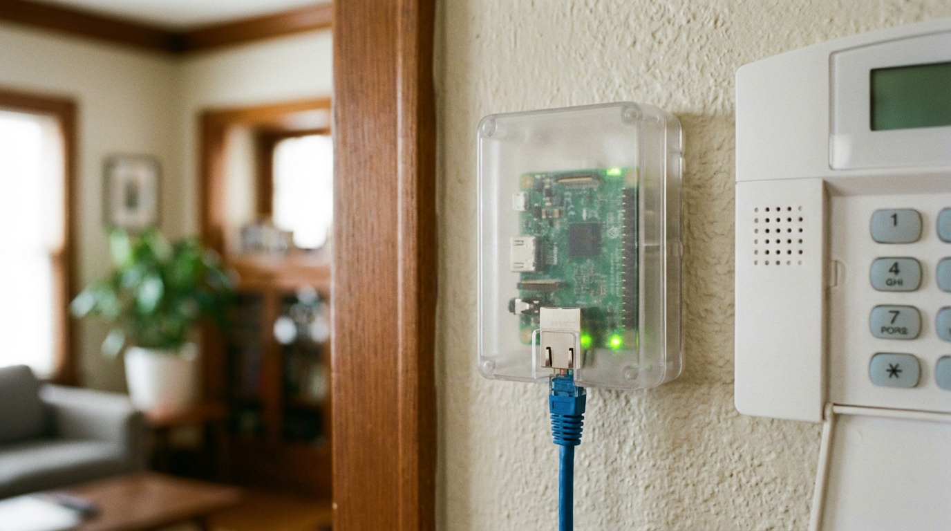 Small circuit board with ethernet port inside translucent enclosure mounted near alarm panel