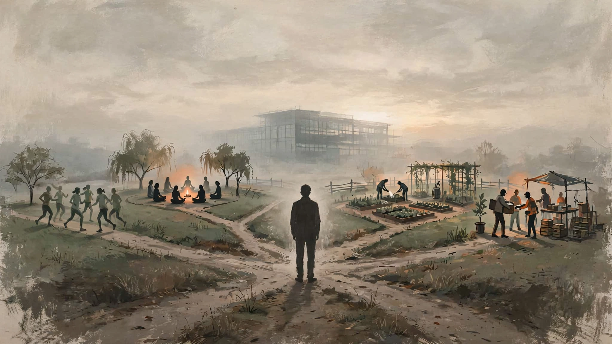 A solitary figure at a crossroads with paths leading to different sources of community and meaning
