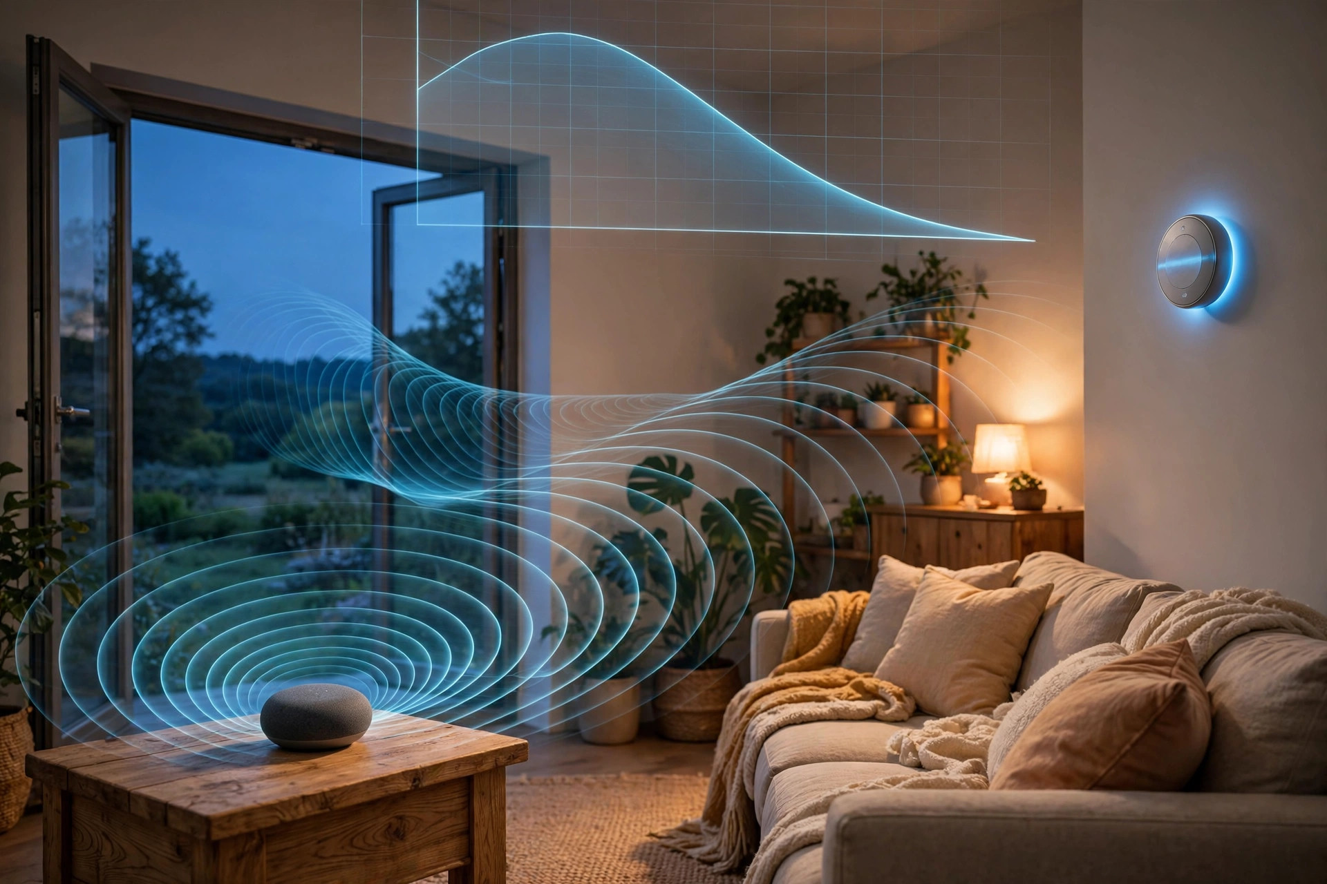 A living room at dusk with a smart speaker on a side table emitting faint concentric ultrasonic wavefronts; an open window shows the sound energy escaping outward, with a translucent overlay of a decaying reverberation curve and a thermostat glowing with active cooling