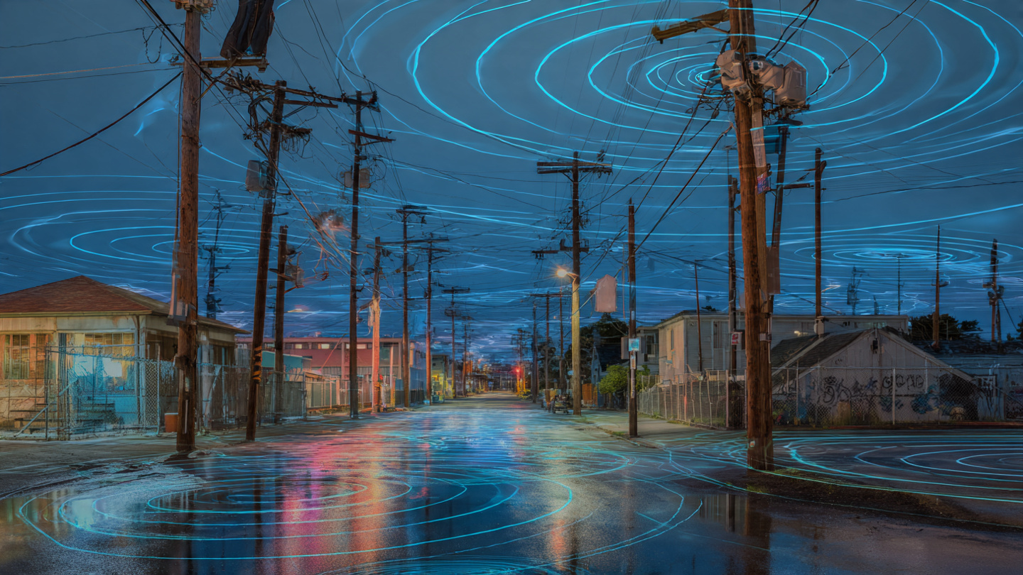 Urban streetscape at dusk with acoustic sensor pods on buildings detecting an electrical arc flash on a distribution line, with sound wave visualizations propagating toward sensors