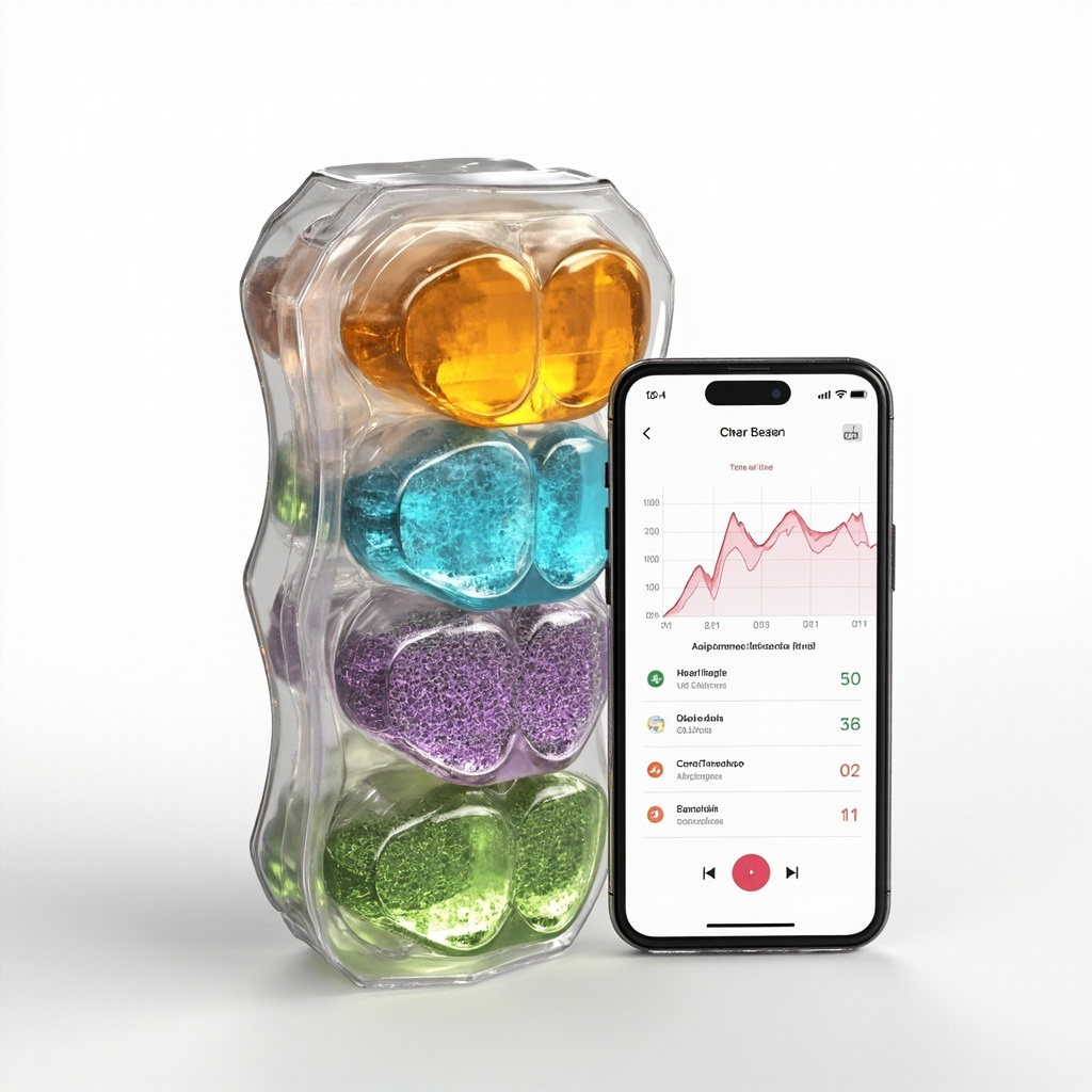 Cross-section of a multi-compartment performance gummy showing individually sealed micro-dose chambers for stimulants, GLP-1 agonists, nicotine, and adaptogens, with a smartphone app displaying wearable HRV, glucose, and calendar stress data feeding into a Bayesian dosing algorithm