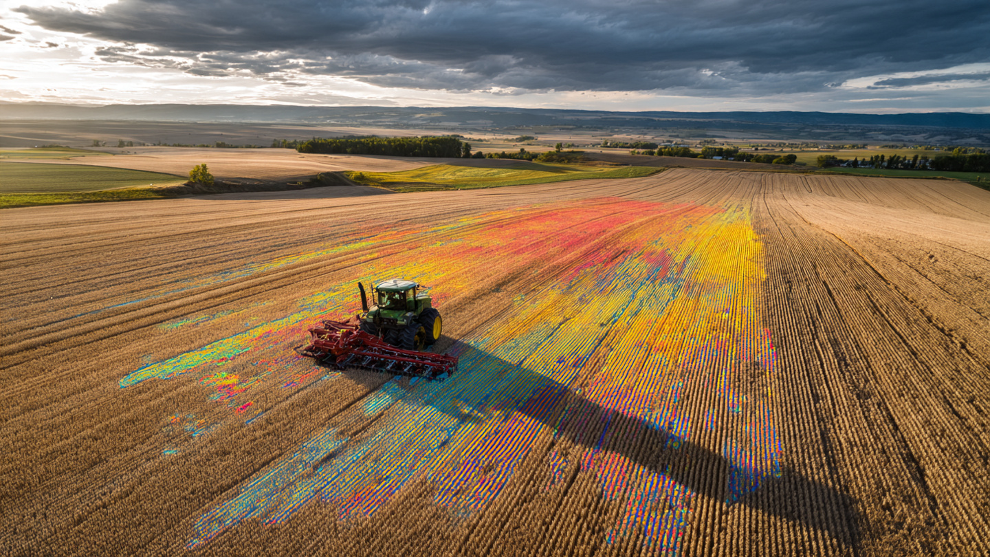 GPS-guided tractor working agricultural field with soil compaction heatmap data visualization overlay showing compaction severity zones