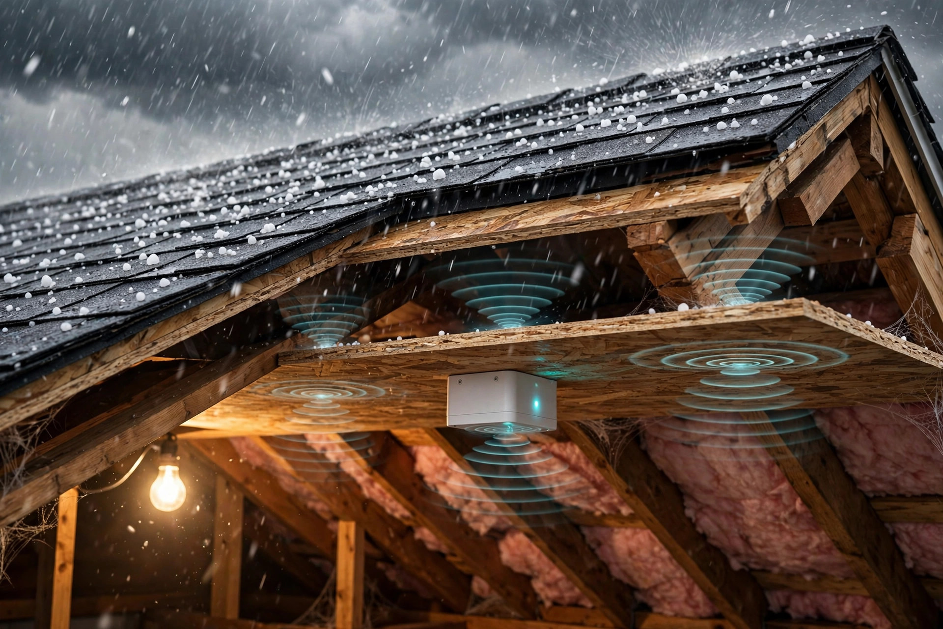 Cutaway view of a house attic showing a small acoustic sensor mounted under the roof deck while hailstones strike the shingles above