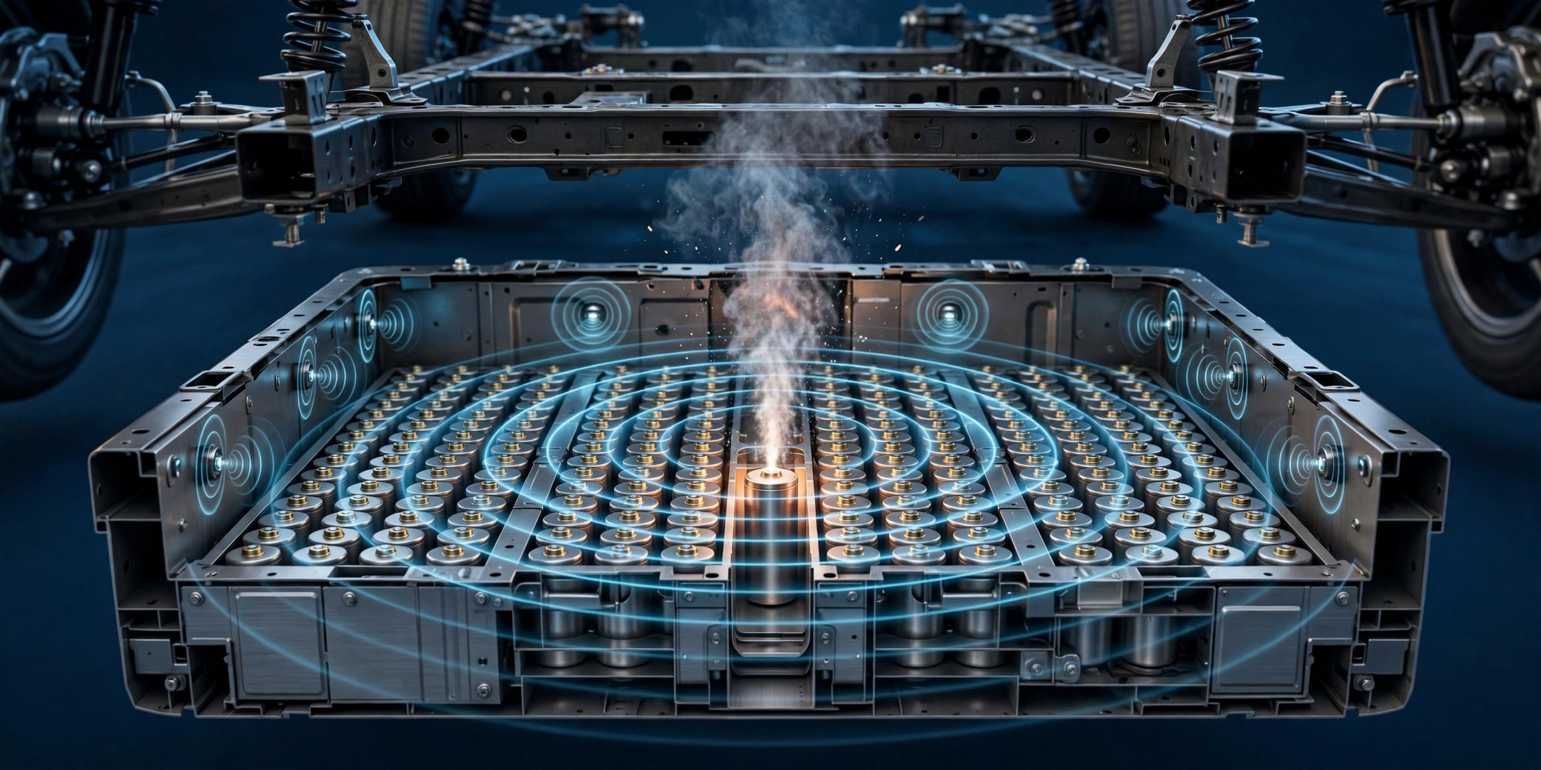Cutaway view of an EV battery pack with a venting cell releasing gas and concentric sound-wave rings radiating to acoustic sensor nodes mounted on the pack walls