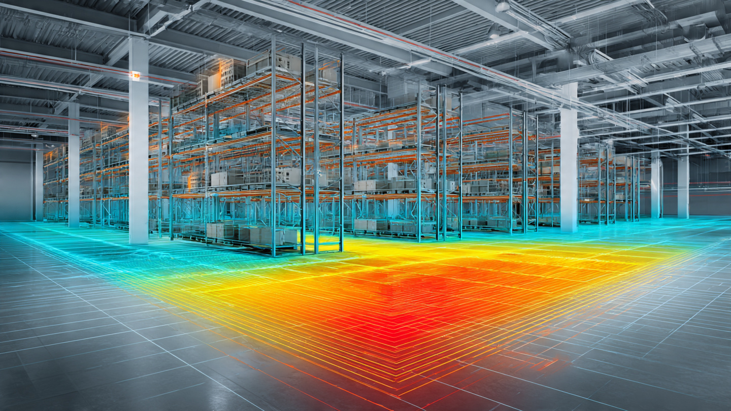 Warehouse interior with BLE beacons showing thermal heatmap overlay from battery voltage inference
