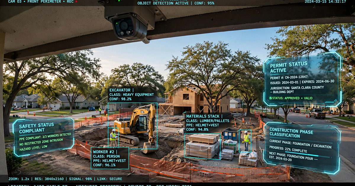 Security camera network detecting construction activity on adjacent property with AI permit cross-referencing