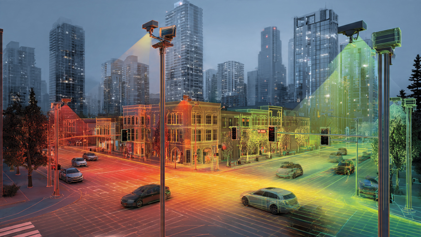 City intersection with traffic cameras overlaid with particulate matter heatmap visualization showing air quality gradients