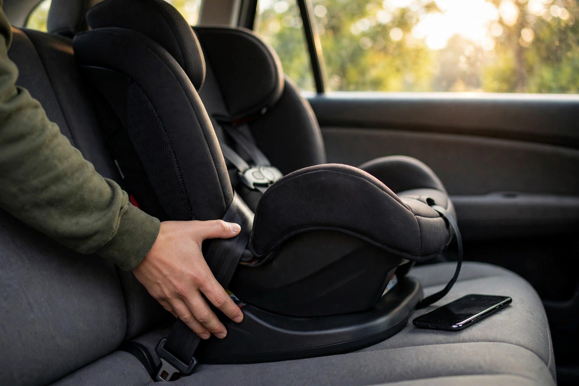 Caregiver's hand pushing a child car seat at the belt path while a smartphone rests on the seat cushion during an installation tightness test