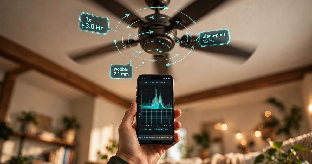 Smartphone held up toward a spinning ceiling fan, with an AR-style overlay showing wobble measurement vectors and a frequency spectrum