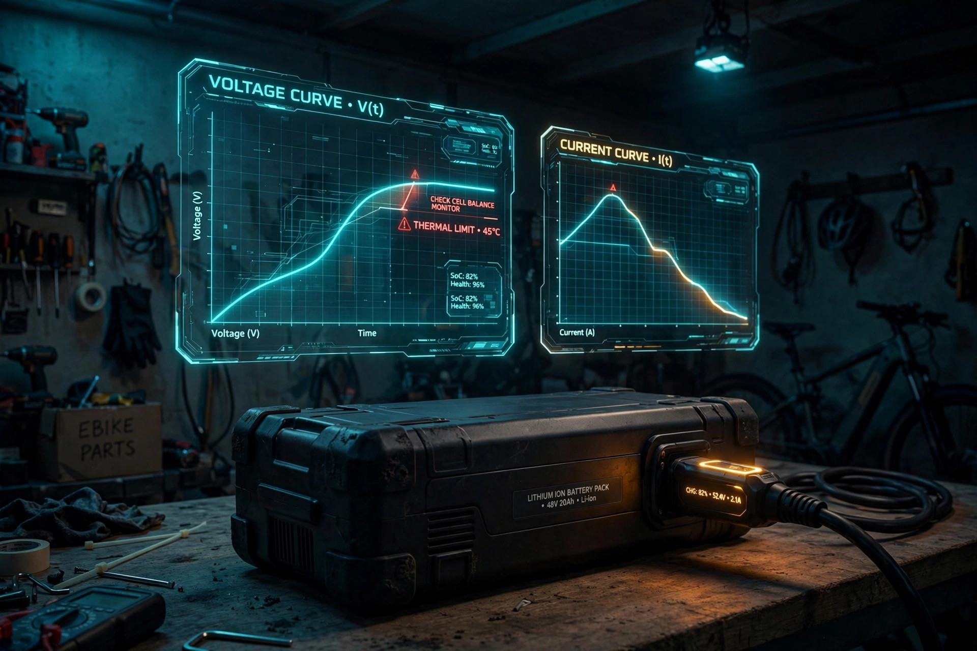 E-bike battery pack charging in a dim garage with a small in-line monitoring module on the charging cable glowing amber, overlaid translucent charge curve graphs showing voltage plateau and current taper with a red warning marker on the anomalous segment