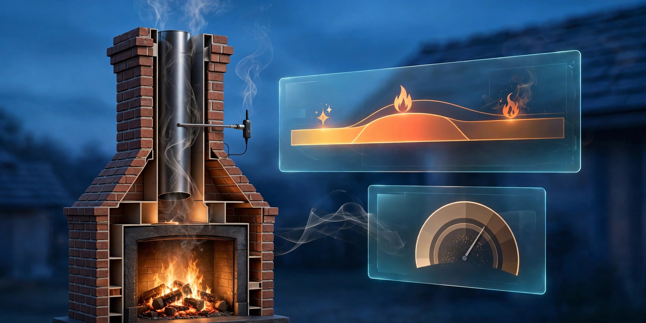 Cutaway view of a chimney flue with a temperature probe in the connector pipe and a dashboard showing burn phases and a creosote accumulation gauge, above a glowing wood fireplace.
