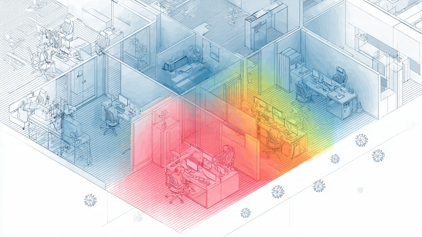 Cross-section of indoor office showing CO2 concentration gradients and airborne pathogen distribution overlay