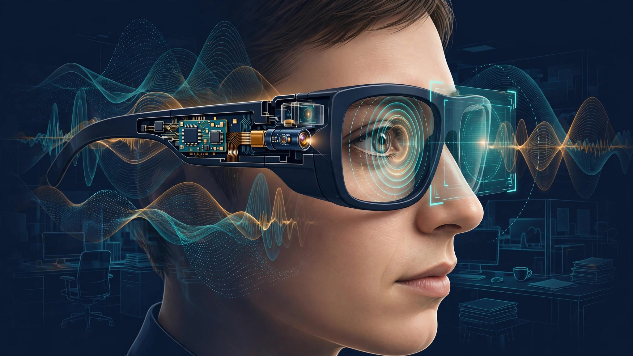 Smart glasses with pupillometry and acoustic analysis for adaptive AR display throttling