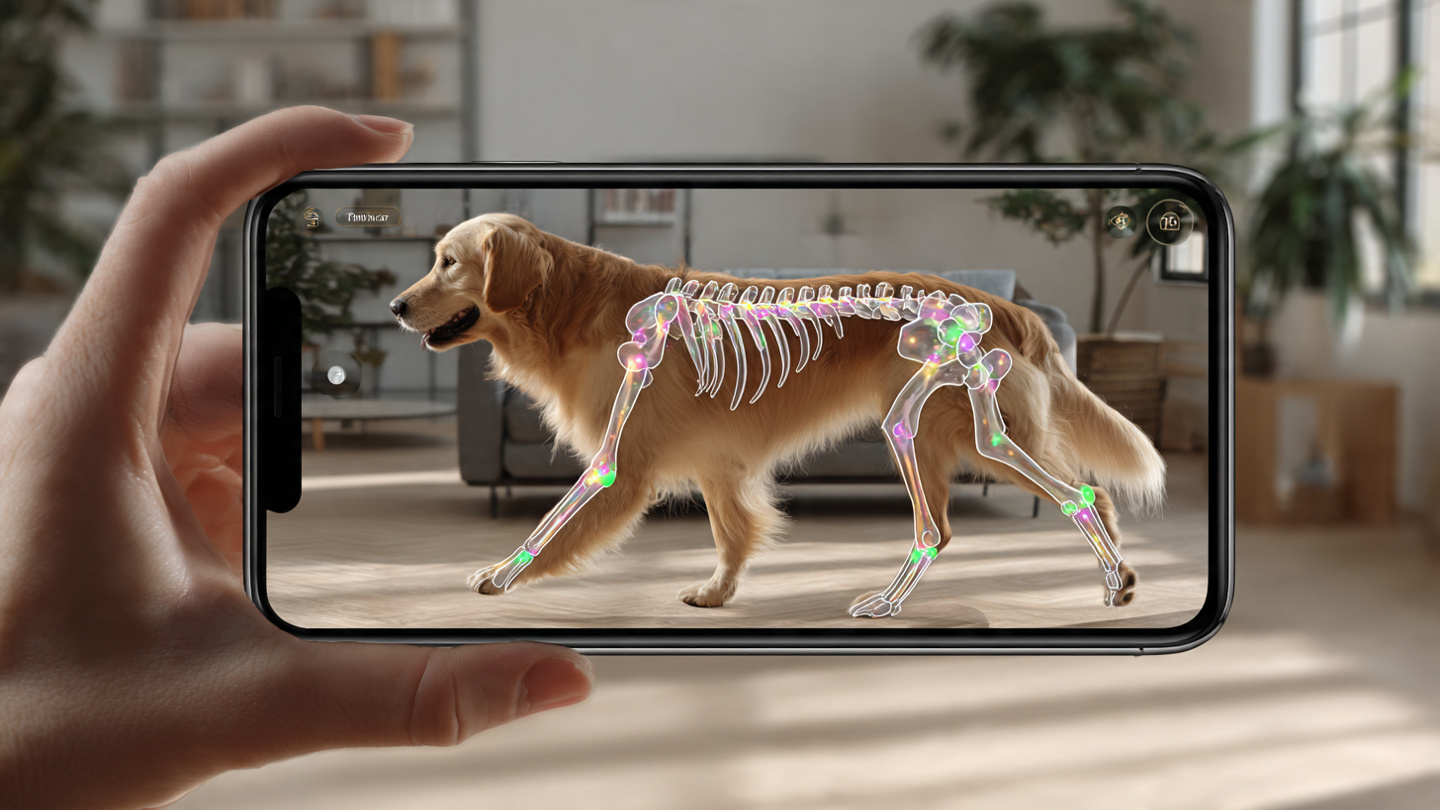 Person holding smartphone recording video of a dog walking with skeletal joint tracking overlay
