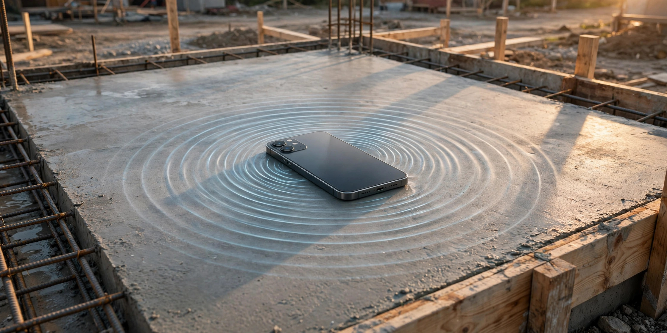 Smartphone lying on a freshly poured concrete slab with concentric vibration ripple rings spreading across the surface: phone-based concrete curing strength sensing