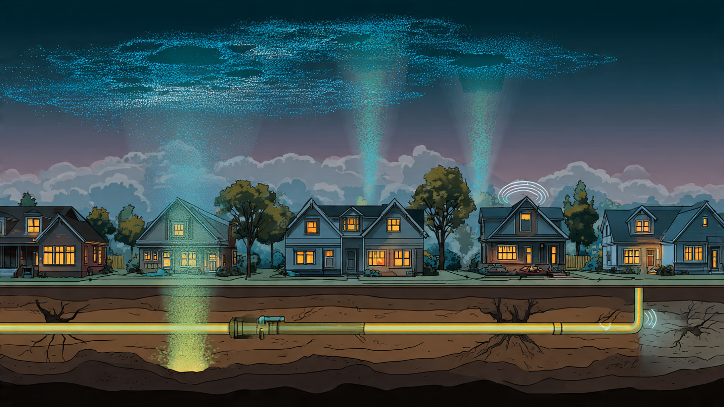 Cutaway view of a residential neighborhood showing an underground gas pipe leak with methane plume rising through soil into nearby homes containing glowing air quality monitors, with data streams flowing upward to a cloud heat map pinpointing the leak