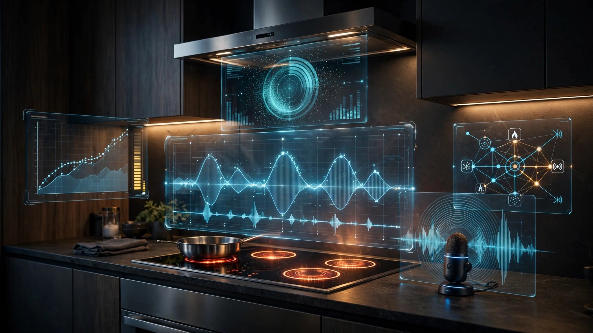 Smart kitchen with multi-sensor fire risk prediction system showing data overlays on stove, range hood, and acoustic sensor