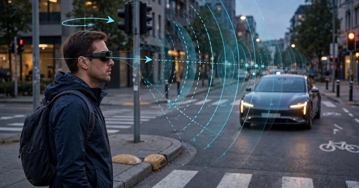 Pedestrian wearing smart glasses at urban intersection with V2X intent broadcast visualization to approaching vehicles