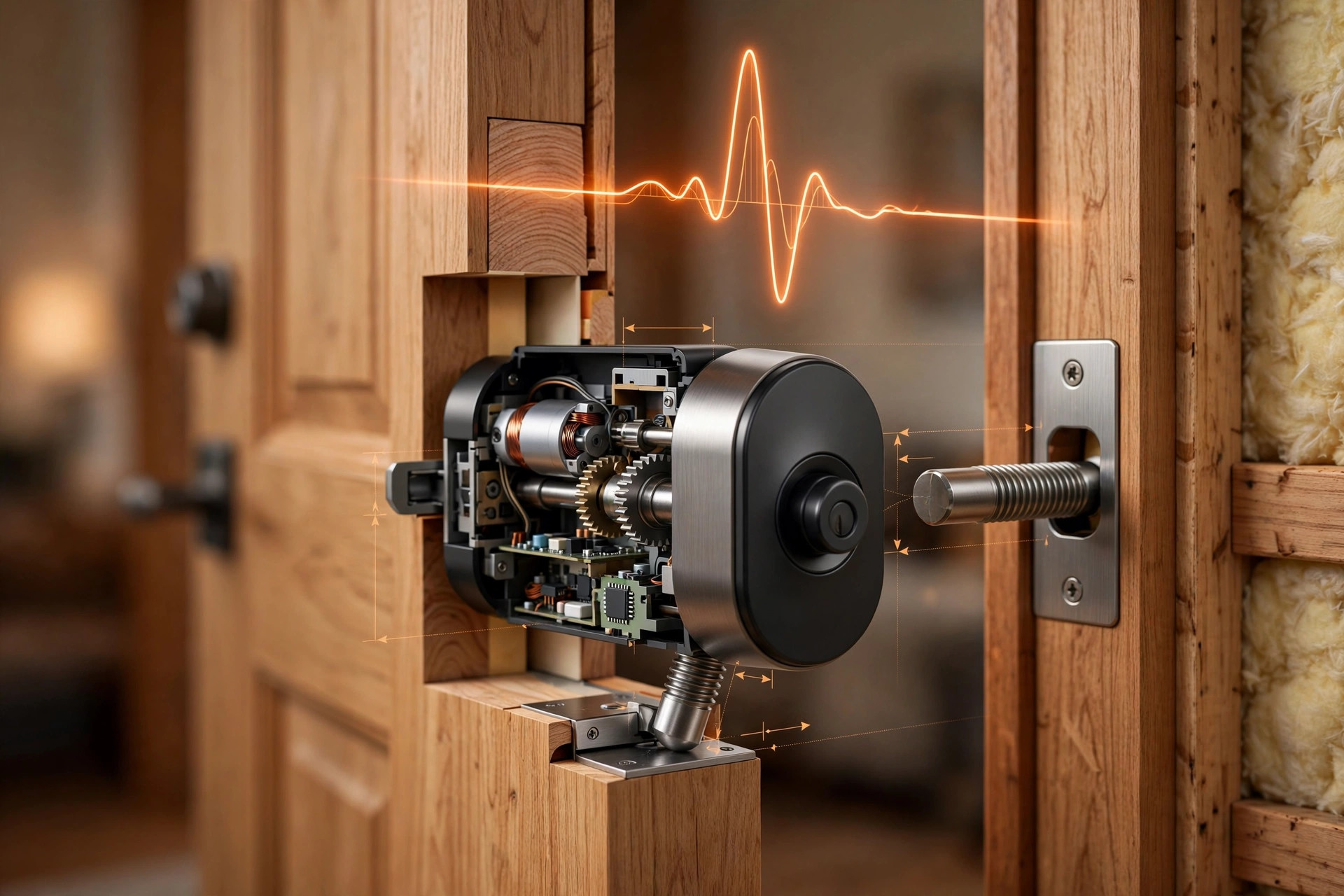 Cutaway of a smart deadbolt on a wooden door with the bolt dragging against a misaligned strike plate lip, and a glowing motor-current waveform spiking at the drag point