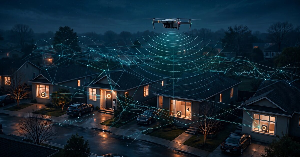 Suburban neighborhood with smart devices forming an acoustic detection mesh against a drone overhead