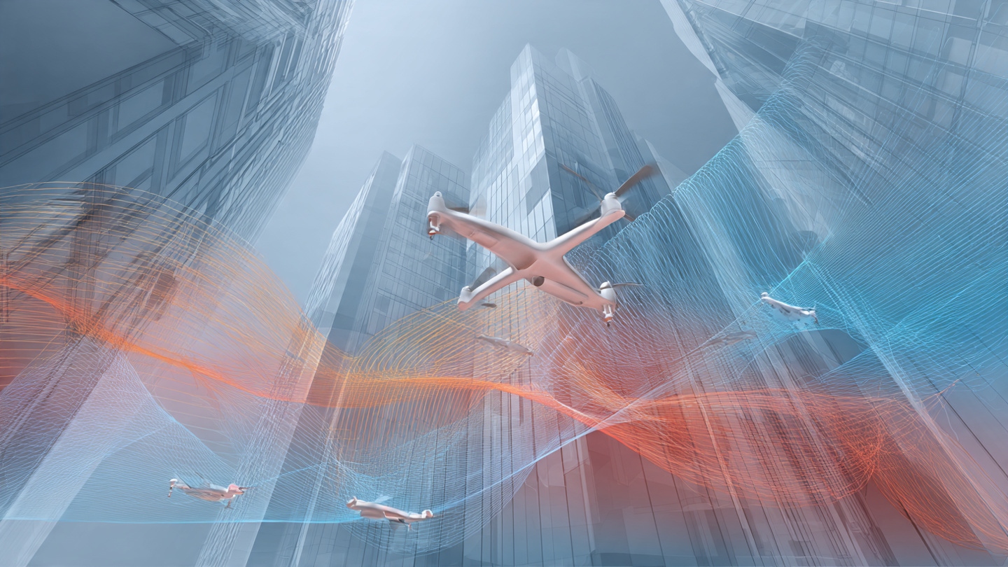 Delivery drones flying through urban canyon with 3D wind field vector visualization overlaid between buildings