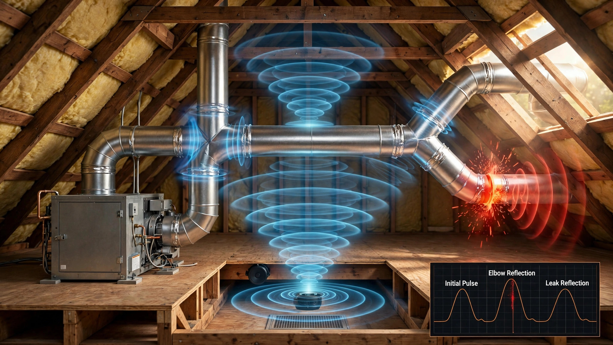 Cutaway of a residential attic with sheet-metal HVAC ductwork, blue acoustic pulse wavefronts traveling through the ducts, a glowing red leak at a separated joint, and an echo waveform overlay showing initial pulse, elbow reflection, and leak reflection