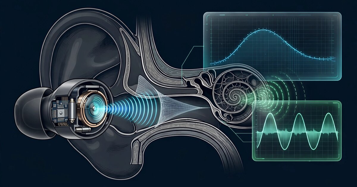 Cross-section of wireless earbud in ear canal showing otoacoustic emission measurement pathways