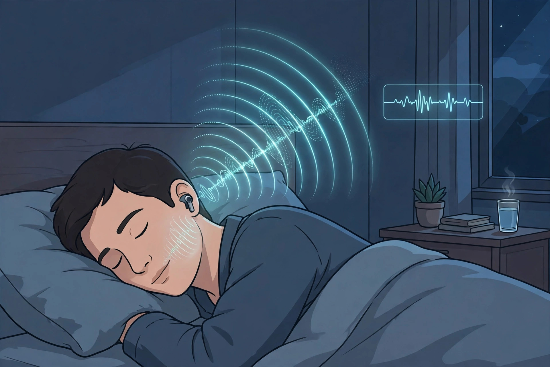 Person asleep wearing wireless earbuds with glowing sound waves rising from the jaw and a small waveform trace beside the bed